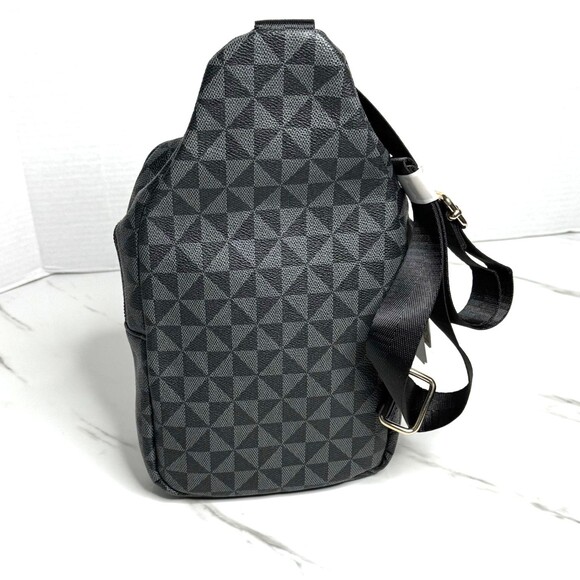 Vegan Sling Backpack Crossbody Geometric Pattern Lead-Free Shoulder Bag in Black - Picture 3 of 9
